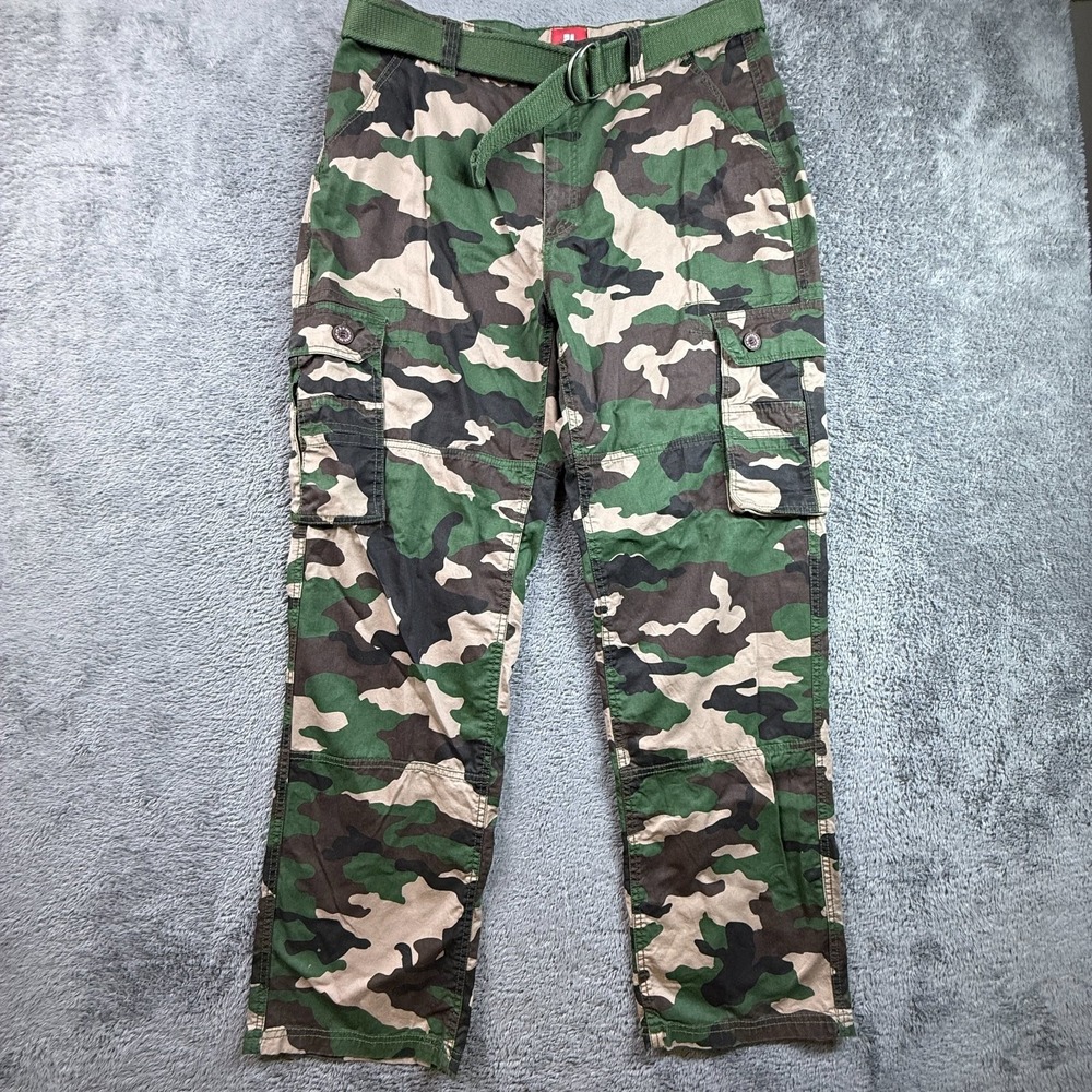 PJ Mark Mens 36x32 Woodland Camo Cargo Pants Military Tactical Outdoor Belted